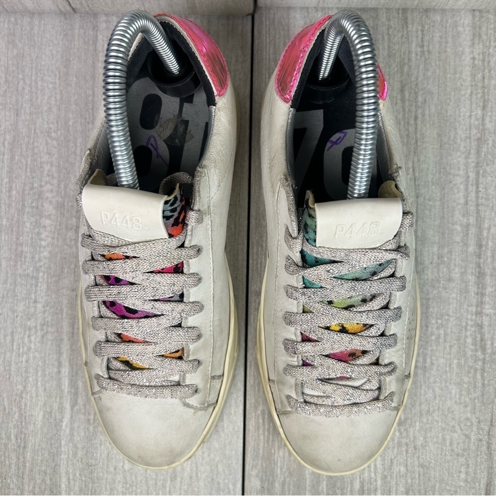 P448 Jack White Pink Leather Leopard Print Low Top Sneaker Womens Size 7 EUR 37 - Picture 6 of 12